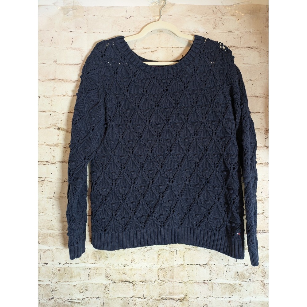 Tommy Hilfiger Bobble Sweater XL Navy Blue Pullover Country Cottage Semi Sheer